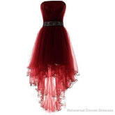 Dark Wine Red Tulle Sleeveless Asymmetry High Low Beaded Prom Dresses